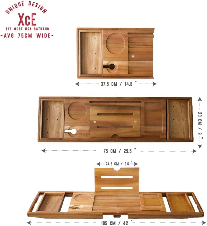 XcE Foldable Acacia Wood Bathtub Caddy Tray - Expandable to 40 Inches with Non-Slip Pads for Couples Luxury Bath - Bloomnest