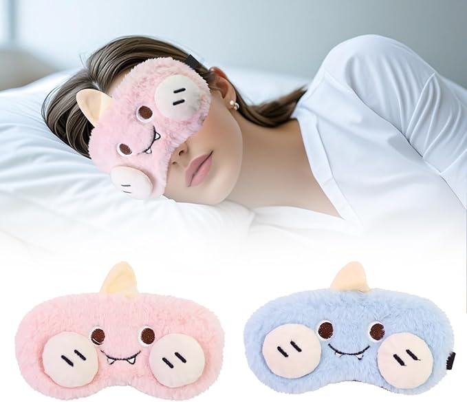 Cute Sleep Eye Masks for Kids, Kawaii Cartoon Kids Sleeping Mask for Women Boys Girls Teens, Soft Plush Adjustable Eyeshade Travel Nap Eye Cover (Blue+Pink Monster) - Bloomnest