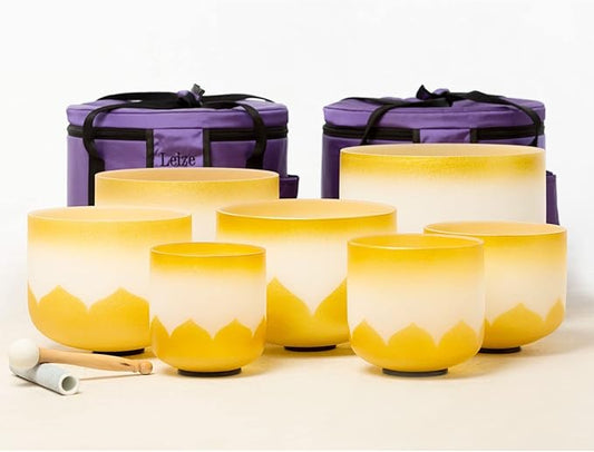 Leize 6-12 inch Gold Lotus Design Chakra Tuned 432hz Set of 7 Quartz Crystal Singing Bowls with Heavy Duty Carrying Cases and Singing Bowl Mallet Suede Strikers