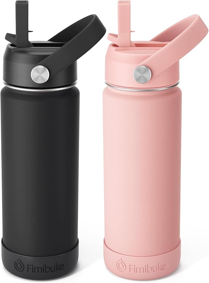 Fimibuke Kids Insulated Water Bottle, 18oz BPA FREE Kids Cups with Straw Double Wall Vacuum Tumbler 18/8 Stainless Steel Leak Proof Toddler Water Bottle for School Boys Girls (2 Pack, Midnight Rose) - Bloomnest