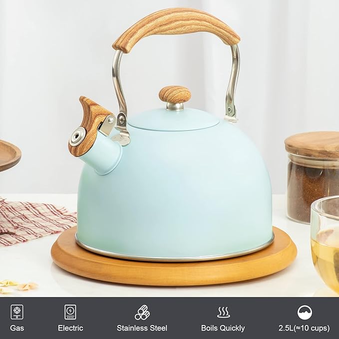 Whistling Stainless Steel Diamond Pattern Tea Kettle with Wood Grain Anti Heat Handle, Stainless Steel Cover Wood Grain Nylon Cover Top Tea Pot (Green) - Bloomnest