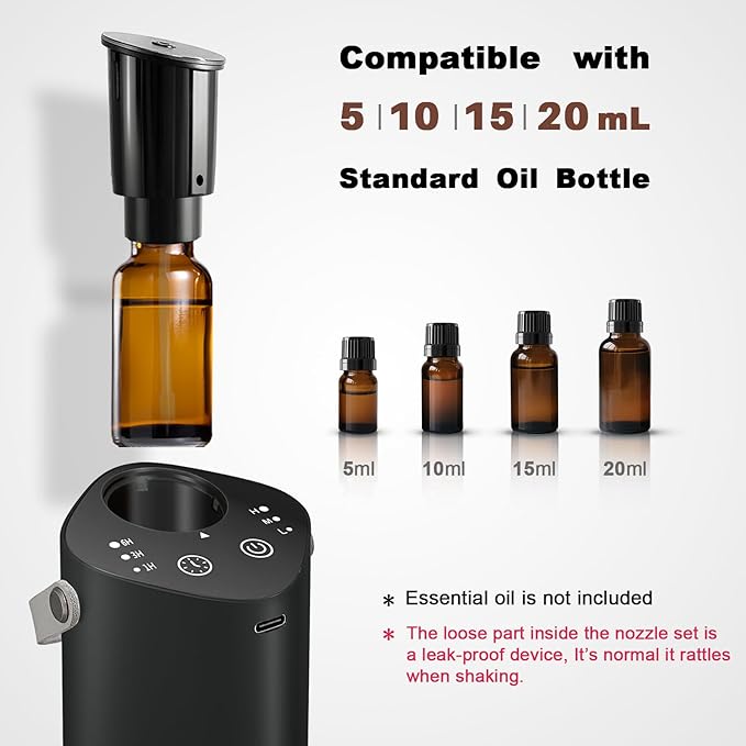Waterless Essential Oil Diffuser with Handle, Scent Diffuser for Car Home Office Bathroom with Timer, Small Rechargeable Aromatherapy Diffuser, Portable Cordless Aroma Car Diffuser, Black - Bloomnest