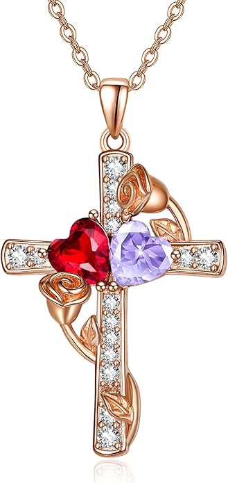 Rose Gold Dual Birthstones Cross Necklace for Women Rose Flower Jewelry Anniversary Christmas Mother's Valentine's Day Birthday Gift for Wife Girlfriend Mom - Bloomnest
