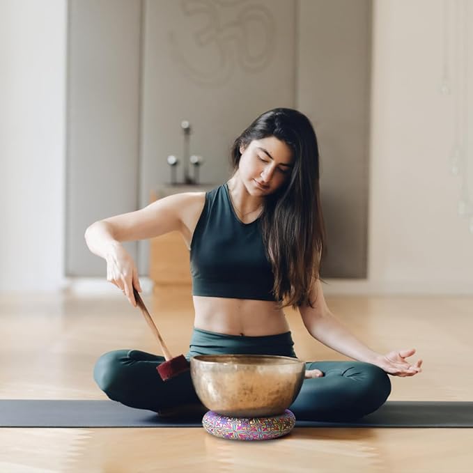 Singing Bowl Cushion for Tibetan Singing Bowls, Handmade Silk Brocade Round Cushion Pillow for Sound Healing and Crystal Sound Bowls Accessories(6.7 Inch,YellowPurple) - Bloomnest