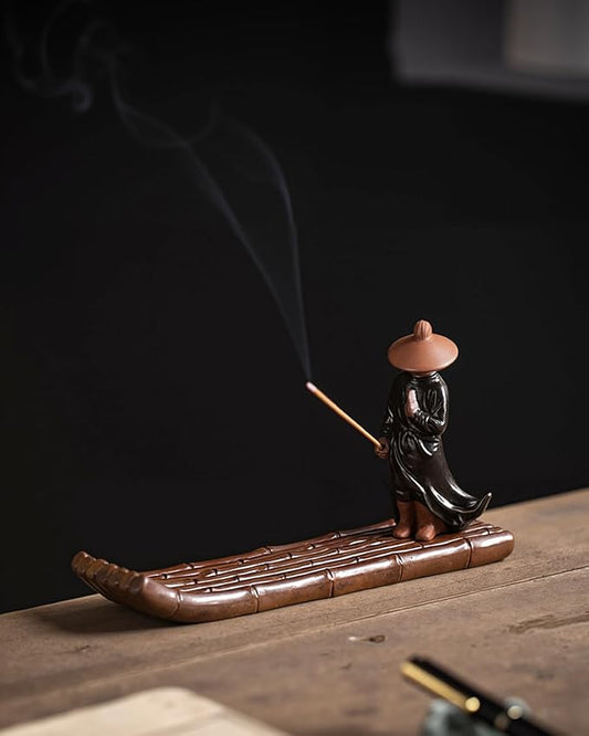Ceramic Incense Stick Holder with Ash Catcher - Kung Fu Samurai on Bamboo Raft, Chinese & Japanese Home Decor for Meditation, Spa, Yoga