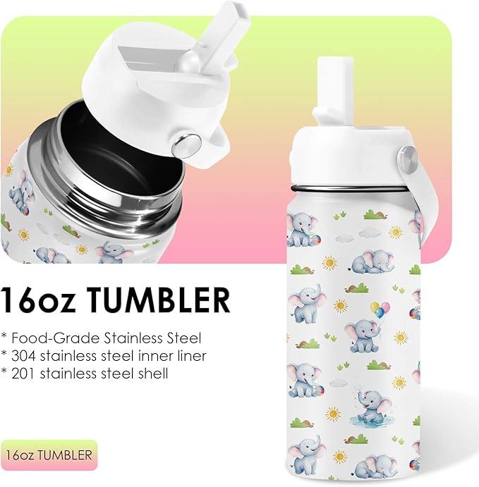 Elephant Tumbler 16 oz Elephant Gifts For Women Water Bottle with Straw Lid, Stainless Steel Insulated, Leak Proof, BPA - Free, Cute Elephants Coffee Mug for Birthday, Christmas, Travel (1pc) - Bloomnest