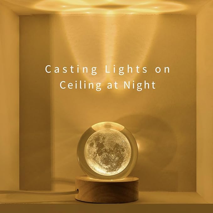 3D Moon Crystal Ball with LED Stand, Moon Figurine Decor Glass Sphere Lamp, Space Planet Globe Night Light Gifts for Women Men Mom Kids - Bloomnest