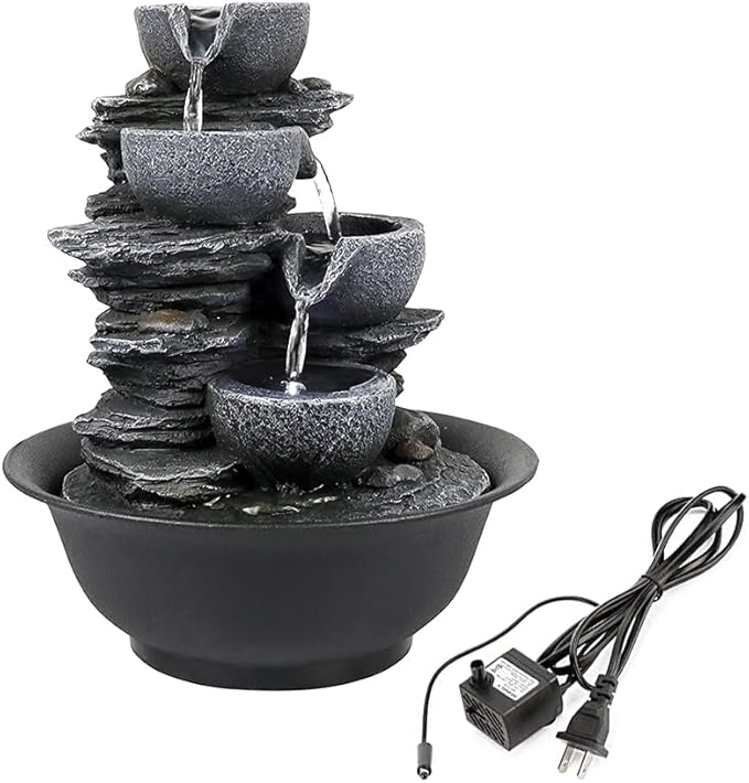 10.6inch Rock Indoor Water Fountain Zen Meditation Tabletop Fountain with LED Light for Home Office Bedroom