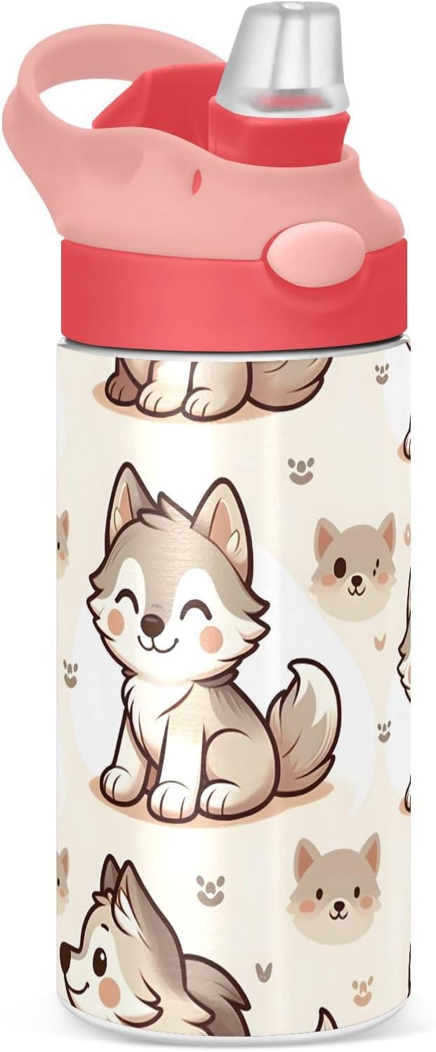 Cute Wolf Dog Kids Insulated Water Bottle, Toddlers Tumbler Travel Cup with Straw & Handle Stainless Steel Cup for Travel School Girls 12 oz - Bloomnest