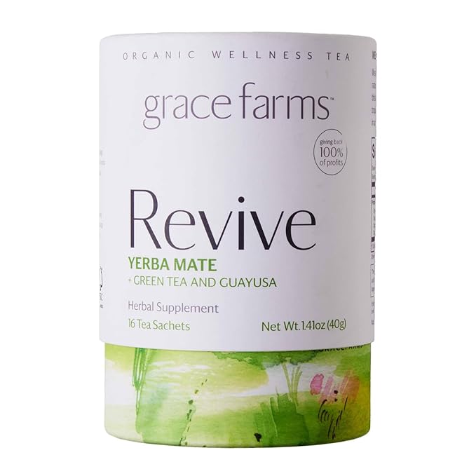 Grace Farms REVIVE Wellness Organic Tea Blend (16 Pyramid Sachets) | Yerba Mate, Green Tea, & Adaptogens | Natural Energy Coffee Replacement | Fairtrade & Kosher | Gives Back 100% of Profits - Bloomnest