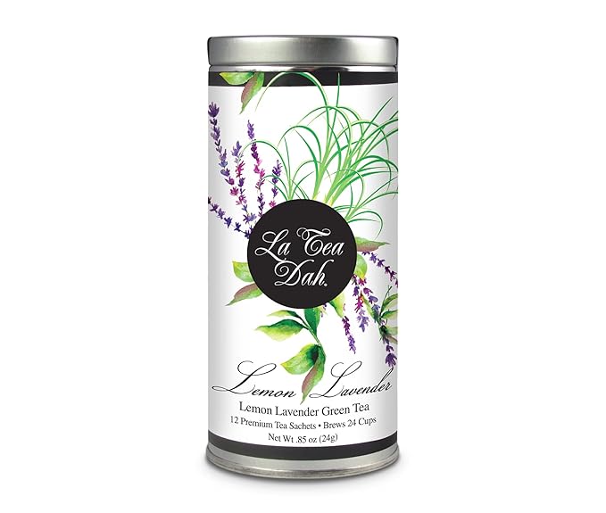 Lemon Lavender Green Tea by La Tea Dah, Antioxidant Rich Tea Made with Lightly Caffeinated Green Tea Leaves, Lemongrass, & Lavender Flowers, Floral Tea Gift Collection (12 Sachets)