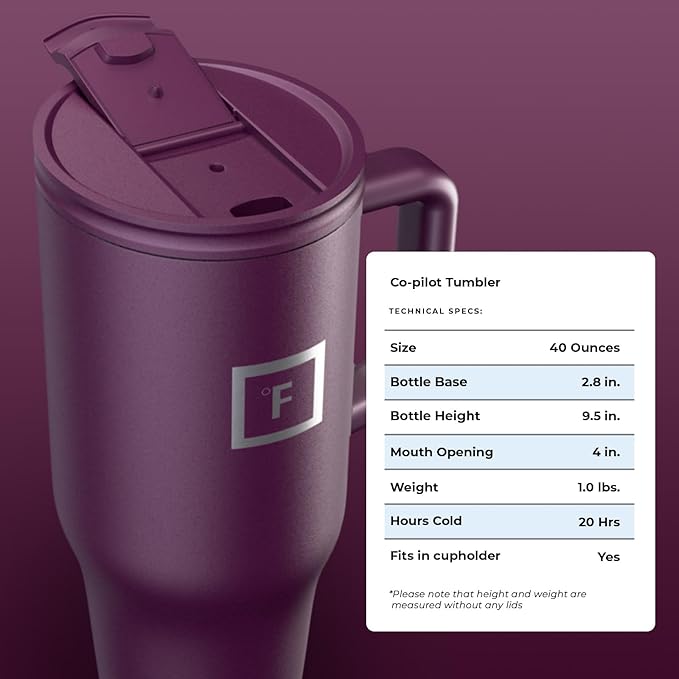 IRON °FLASK Co-Pilot Insulated Mug w/Straw & Flip Cap Lids - Cup Holder Bottle for Hot, Cold Drink - Leak-Proof - Water, Coffee Portable Travel Mug - Burgundy, 40 Oz - Bloomnest