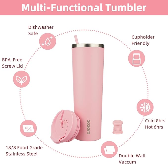 BJPKPK 34oz Tumbler With lid And Straw Stainless Steel Travel Coffee Mug Insulated Tumblers Cups,Light Pink - Bloomnest