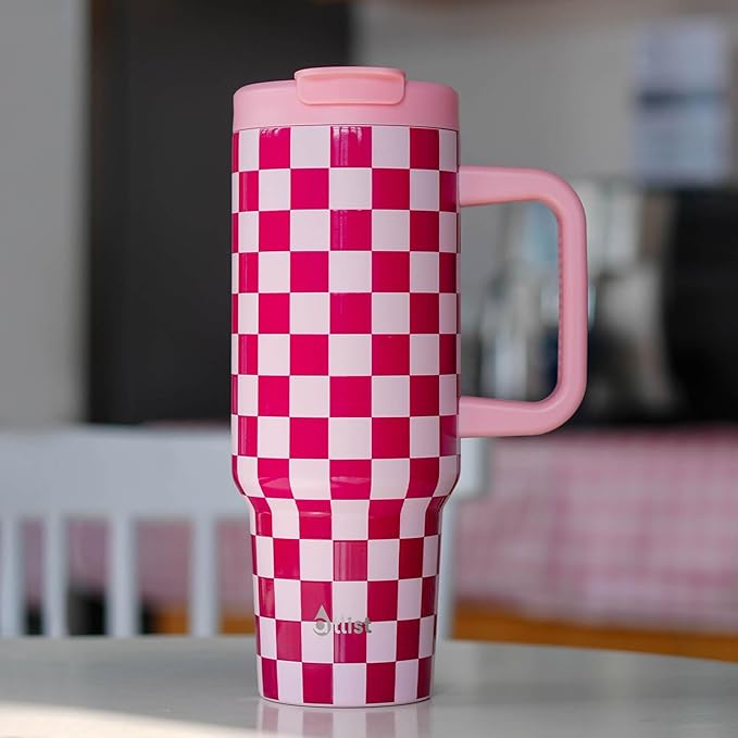 ProTour 100% Leakproof 40 oz Tumbler with Handle & 4-in-1 SipSwig Lid | Built-In Flip Straw & External Stainless Steel Straw | Insulated Stainless Steel Cup | BPA-Free | Pink Checkered - Bloomnest
