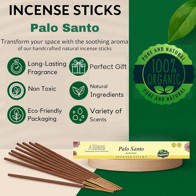 Bless-Palo-Santo 100%-Natural-Handmade-Hand-Dipped-Incense-Sticks Organic-Chemicals-Charcoal-Free Purification-Relaxation-Positivity-Yoga-Meditation Best-Woods-Scent (25 Sticks (1.4 OZ))