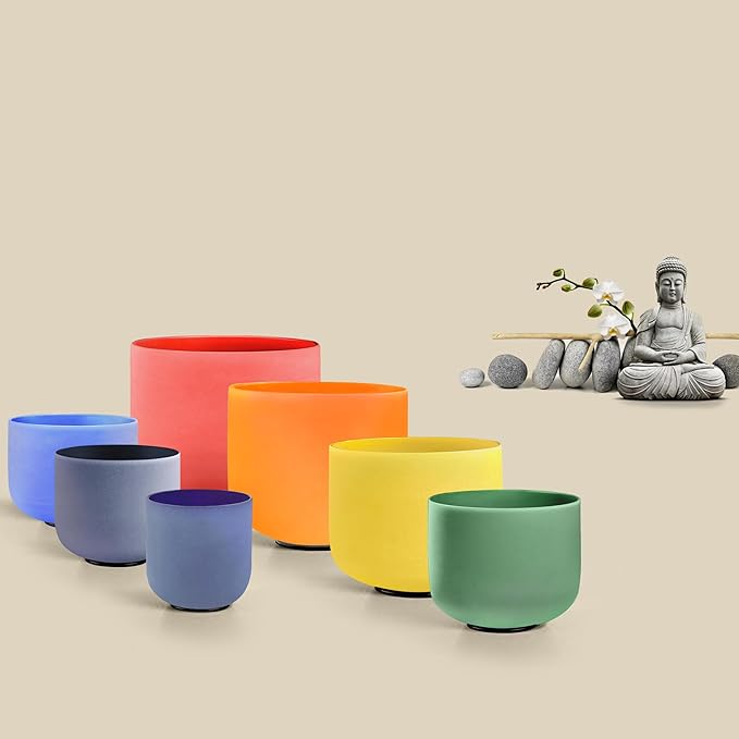 RYAN DVAN 432 hz 7-12 Inch Set of 7 Colored Frosted Quartz Crystal Singing Bowl with Free 2 pcs Carrying Cases - Bloomnest