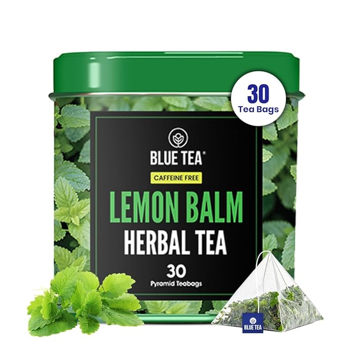 BLUE TEA - Lemon Balm Tea - 30 Count - Pyramid Plant Based Tea Bag | RELIEVES STRESS - IMPROVES DIGESTION | Reduces Bloating | Refreshing Citrus Flavour - Leaf Based - Caffeine Free | Tin Pack - Bloomnest