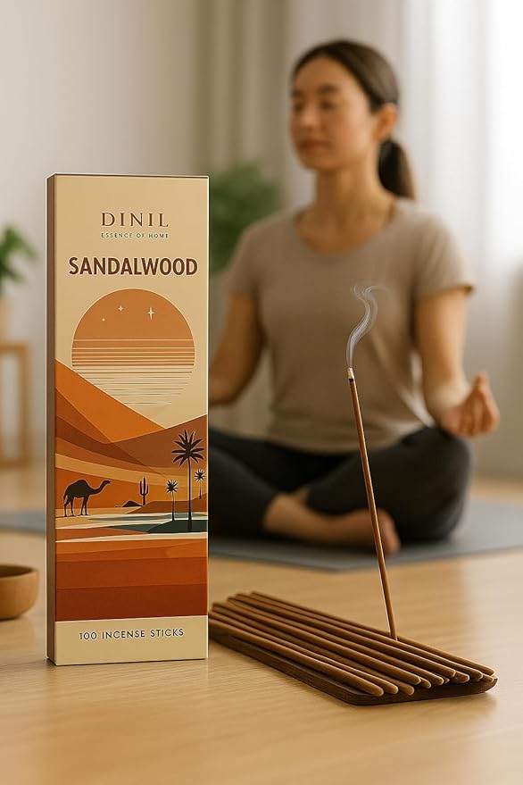 Dinil Sandalwood Incense Sticks – 100 Sticks | Hand-Rolled, Charcoal-Free | Clean Burn, Low Smoke | Aromatic Incense for Meditation, Yoga & Home Fragrance Dinil