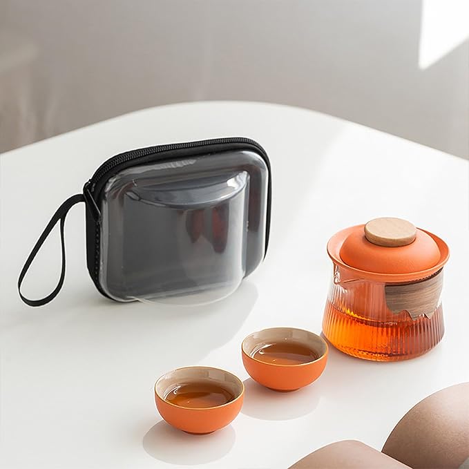 fanquare Ceramic Tea Pot Set for 2 Porcelain Kung Fu Tea Set with Mini Teacups Tea Infuser Portable Handbag for Travel Tea Pot with Wooden Protection Layer, Orange - Bloomnest