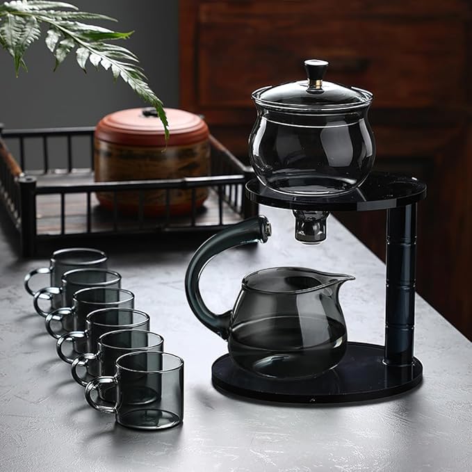 Lazy Kungfu Drip TeaPot, Heat Resistant Tea Set, Semi-Automatic Glass Teapot Suit for Magnetic Water Flow Wooden Glass Teapot Set
