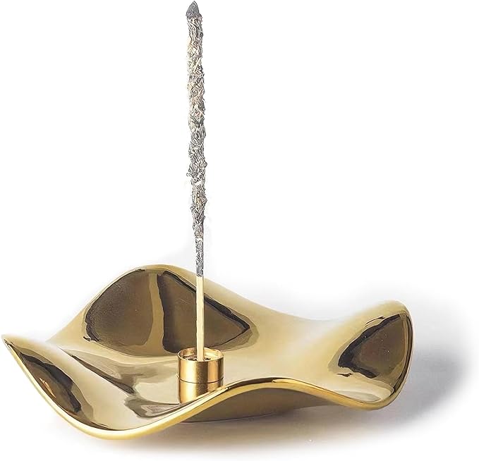 6.7 "Ceramic Incense Burner for Incense/Coil,Wavy Base with Brass -Incense Holder for Sticks,with Ash Catching Bowl for Meditation Yoga and Home Decoration (Gold)