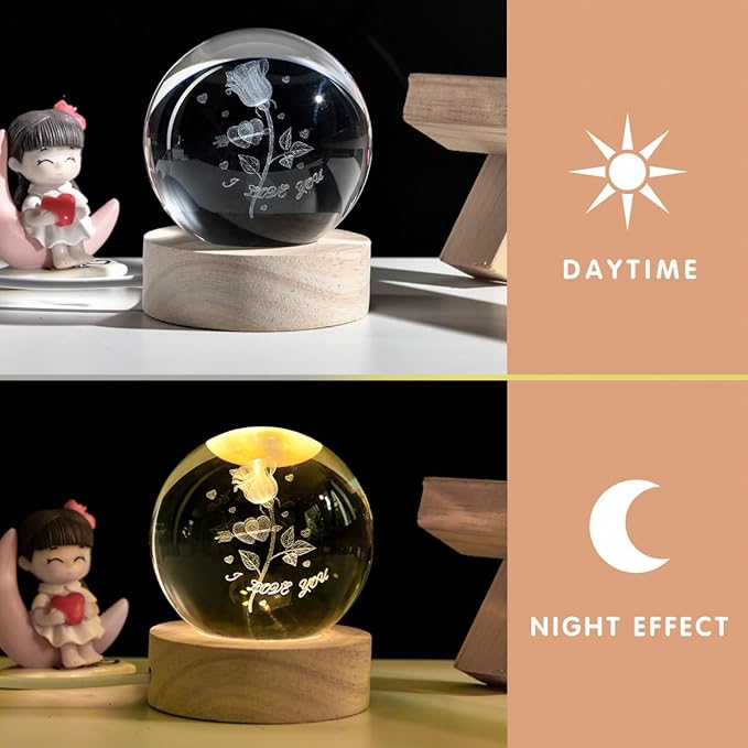 3D Rose Crystal Ball with LED Stand, Rose Figurine in Glass Sphere Lamp Night Light, I Love You Decor Gifts for Women Girls Mom Kids - Bloomnest