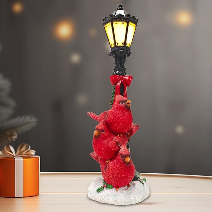 Christmas Red Bird Statue for Holiday Decor, Resin Cardinal Figurine with LED Lamppost, Indoor Glowing Lamppost, 14.57'' Resin Cardinal Christmas Decoration - Bloomnest