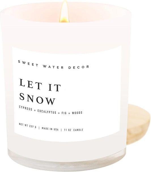 Sweet Water Decor Let it Snow Christmas Scented Candles - Christmas Stocking Stuffers Soy Candles with Cypress Scent - Christmas Candles with 50 Hours Burn Time - 11Oz Wood Lid White Jar Wax Candles - Bloomnest
