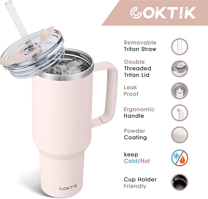 COKTIK 40 oz Tumbler With Handle and Straw Lid, Vacuum Insulated Travel Coffee Mug Stainless Steel Insulated Cup for Beverages, Leak-proof, Cupholder Friendly (Rose Quartz) - Bloomnest