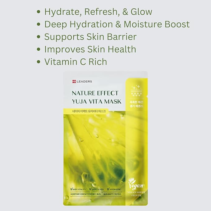LEADERS Nature Effect Yuja Vita Mask - Helps Hydrate Skin, Serum Content, Vegan Certified - 10 Sheets - Bloomnest