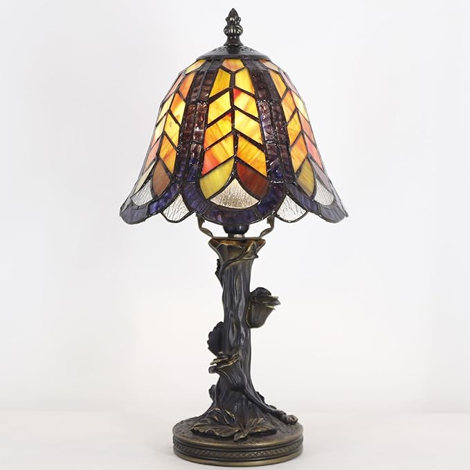 Small Tiffany Lamp Mini Purple Maple Leaf Stained Glass Table Lamp Desk Light 8X8X15.5 Inches with Resin Flower Bas - Bloomnest