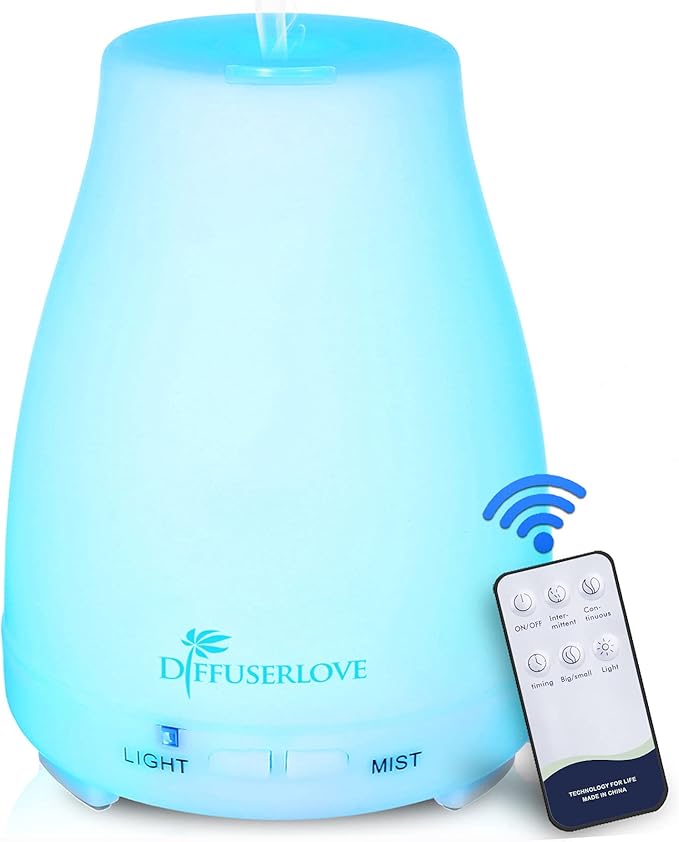 Diffuserlove Essential Oil Diffusers 200ML Remote Control Ultrasonic Mist Humidifiers BPA-Free Aromatherapy Diffuser with 7 Color Lights, Auto Shut-Off for Bedroom Office Kitchen Diffuserlove
