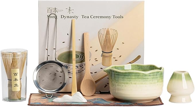 Matcha Set 7-Piece Tea Set with Brush, Bowl, Whisk, Strainer, Chasen, for Matcha Tea Ceremony （Gradient Green） - Bloomnest