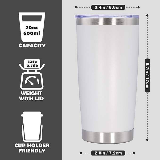 20oz Tumbler Bulk Stainless Steel Tumbler Cup with Lid Vacuum Insulated Double Wall Travel Mug, Durable Powder Coated Travel Coffee Tumbler Mug for Hot & Cold Drinks, White,8 Pack - Bloomnest