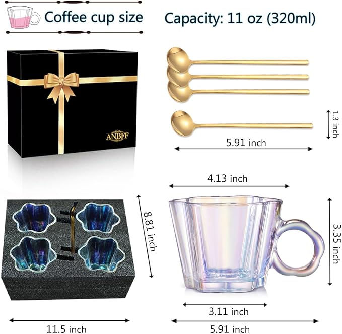 Vintage Iridescent Glass Coffee Mugs Set of 4, 11oz Creative Flower Glass Coffee Cups with Spoons - Cute Floral Tea Cups with Handle, Art Glassware, Unique Gifts for Women - Bloomnest