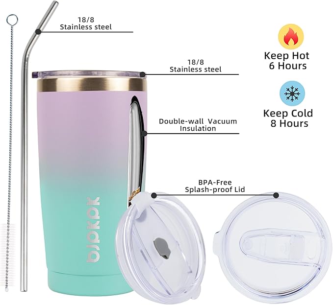 BJPKPK Insulated Stainless Steel Tumbler, Coffee Cup with Lid and Straw, Double Wall Vacuum Travel Mug, Powder Coated Leakproof Tumbler Cup,Lavender Green - Bloomnest