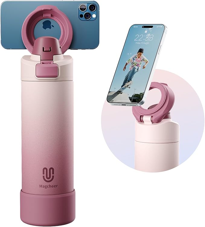 Insulated Magnetic Water Bottle - Reusable Stainless Steel Bottle with MagSafe Compatible Phone Holder - Perfect for Gym, Sports, and Travel - Blush Pink 24oz Magcheer