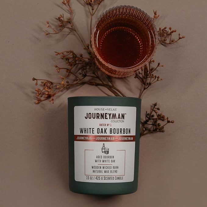 Journeyman Collection Candle, 15oz, Wooden Wick, White Oak Bourbon, Large Painted Jar - Bloomnest