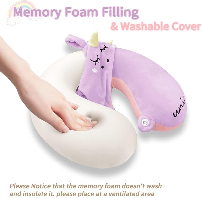 Neck Travel Pillow for Kids, Unicorn Airplane Memory Foam Pillow with Cute Sleep Mask & Earplugs, Lightweight Travelling Sleeping Pillow Set for Car, Train, Bus and Home Use (Purple) - Bloomnest