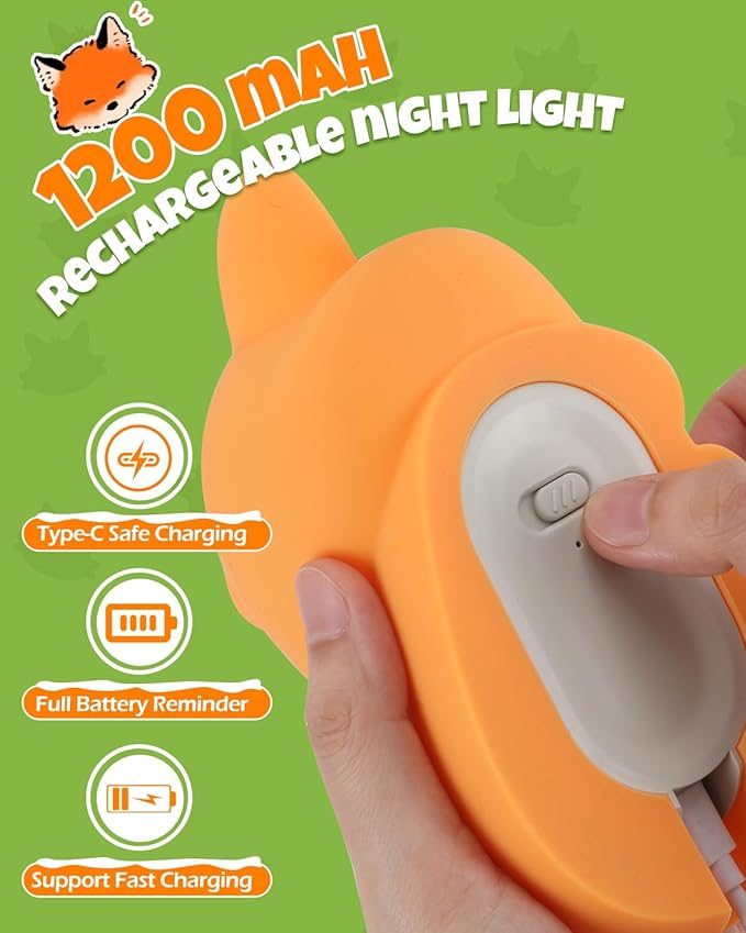 Cute Fox Night Light, Animal Lamp, Food Grade Silicone, Rechargeable, 2 Level Dimmable, Squishy Nursery Nightlight for Desk Decor, Funny Gifts Stuff for Boys Girls Baby, White Elephant Gifts - Bloomnest