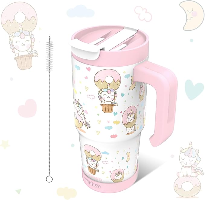 22 oz Tumbler with Handle for Kids, Easy to Hold, Spill-proof, Insulated Cups with Sip/Swig 2-in-1 Lid, Fit Most Car Cup Holders,School, Home,travel,Pink Unicorn - Bloomnest