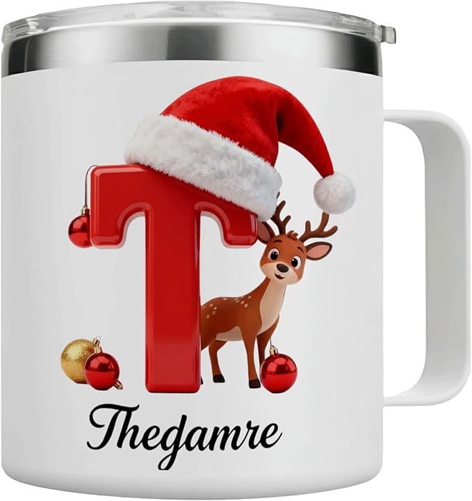 Personalized Christmas Mug | Custom Reindeer Initial Insulated Coffee Cup with Handle & Lid | 12oz Holiday Tumbler, Cute Stocking Stuffer Gift for Kids & Family (B19) - Bloomnest