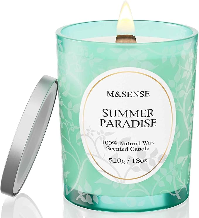 M&SENSE Summer Paradise Scented Candle, Cracking Wooden Wick Soy Wax, 18oz 100 Hours Long Lasting Clean Burn, Large Jar Candles for Home Decor, Non-Toxic Relaxing Aromatherapy Gifts for Women - Bloomnest