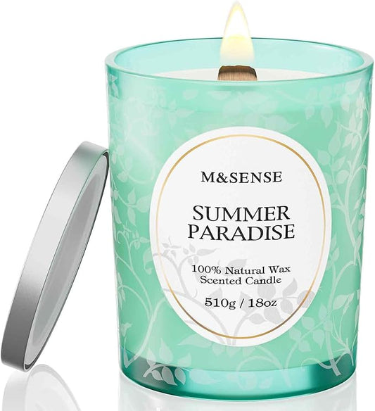 M&SENSE Summer Paradise Scented Candle, Cracking Wooden Wick Soy Wax, 18oz 100 Hours Long Lasting Clean Burn, Large Jar Candles for Home Decor, Non-Toxic Relaxing Aromatherapy Gifts for Women - Bloomnest