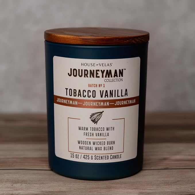 Journeyman Collection Candle, 15oz, Wooden Wick, Tobacco Vanilla, Large Painted Jar - Bloomnest