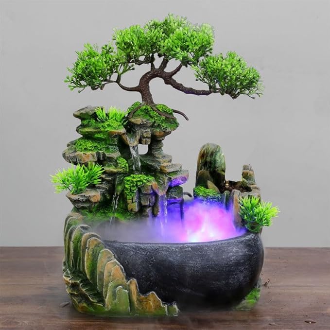 BRAVECOW Indoor Relaxation Desktop Fountain Waterfall with Atomizer and Automatic Pump Illuminated Waterfall Desktop Fountain for Home Office Bedroom Desk Decoration - Bloomnest