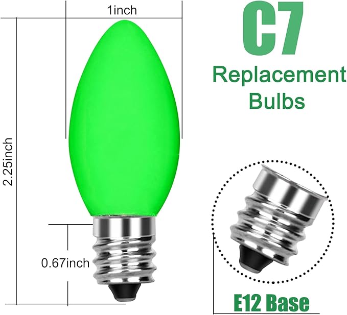 SUNSGNE C7 Ceramic Green Replacement Bulbs, 25 Pack St. Patrick's Day Light Bulb Night Light Candle Bulb, Outdoor String Light Bulbs for St. Patrick's Day Patio Christmas Decor, C7/E12 Base-5 Watt - Bloomnest