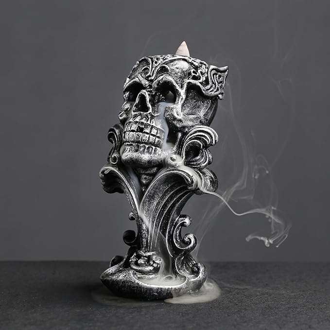 Comeon Backflow Incense Holder Burner Resin Skull Incense Burner Waterfall Incense Burner Home Decor + 20 Backflow Incense Cones + 30 Incense Sticks +1 Tweezer +1 Mat（Metallic Silver） - Bloomnest