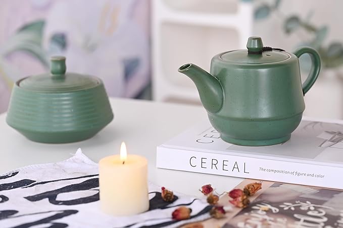 Rural Style Ceramic Teapot with Stainless Steel Infuser 16 Ounces Porcelain Blooming & Loose Leaf Teapot (Green)