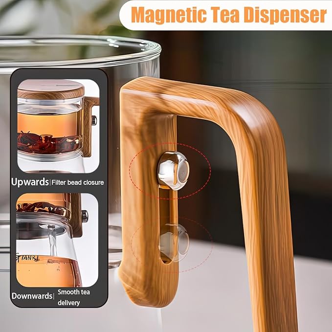 Semi-Automatic Glass Teapot with Wooden Handle, Heat Resistant Magical Teapot, Magnetic Water Separation Kungfu TeaPot, High Borosilicate Glass Tea Set Coffee Set, Clear Magic Pot for Holiday Gifts